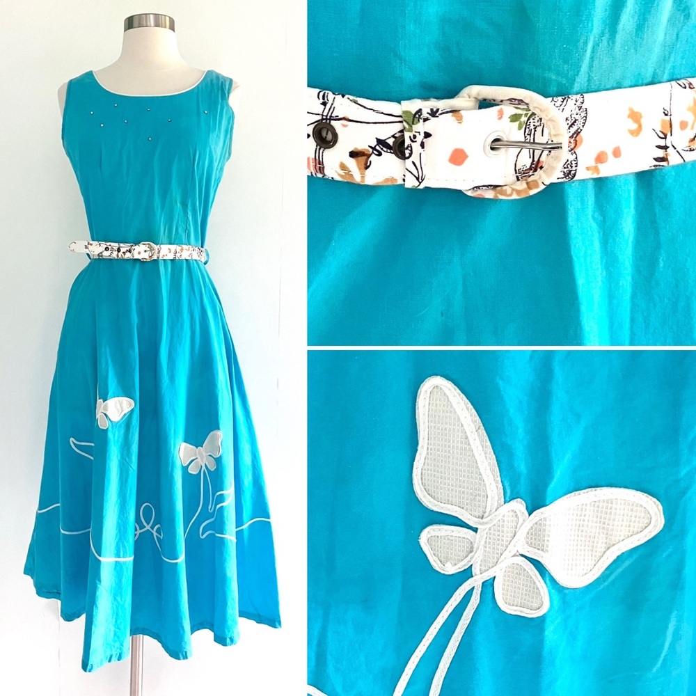 Vintage 50’s teal blue & white butterfly embroidered appliqué fit & flare dress